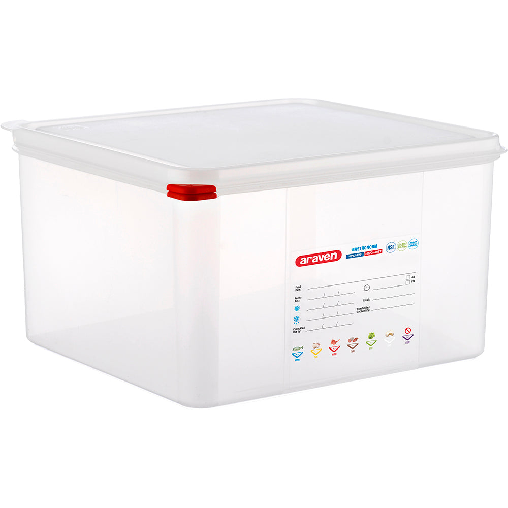 ARAVEN GN-Behälter (GN2/3-200mm, mit Deckel), Polypropylen, Transparent, Inhalt: 19L, 325x354x200mm