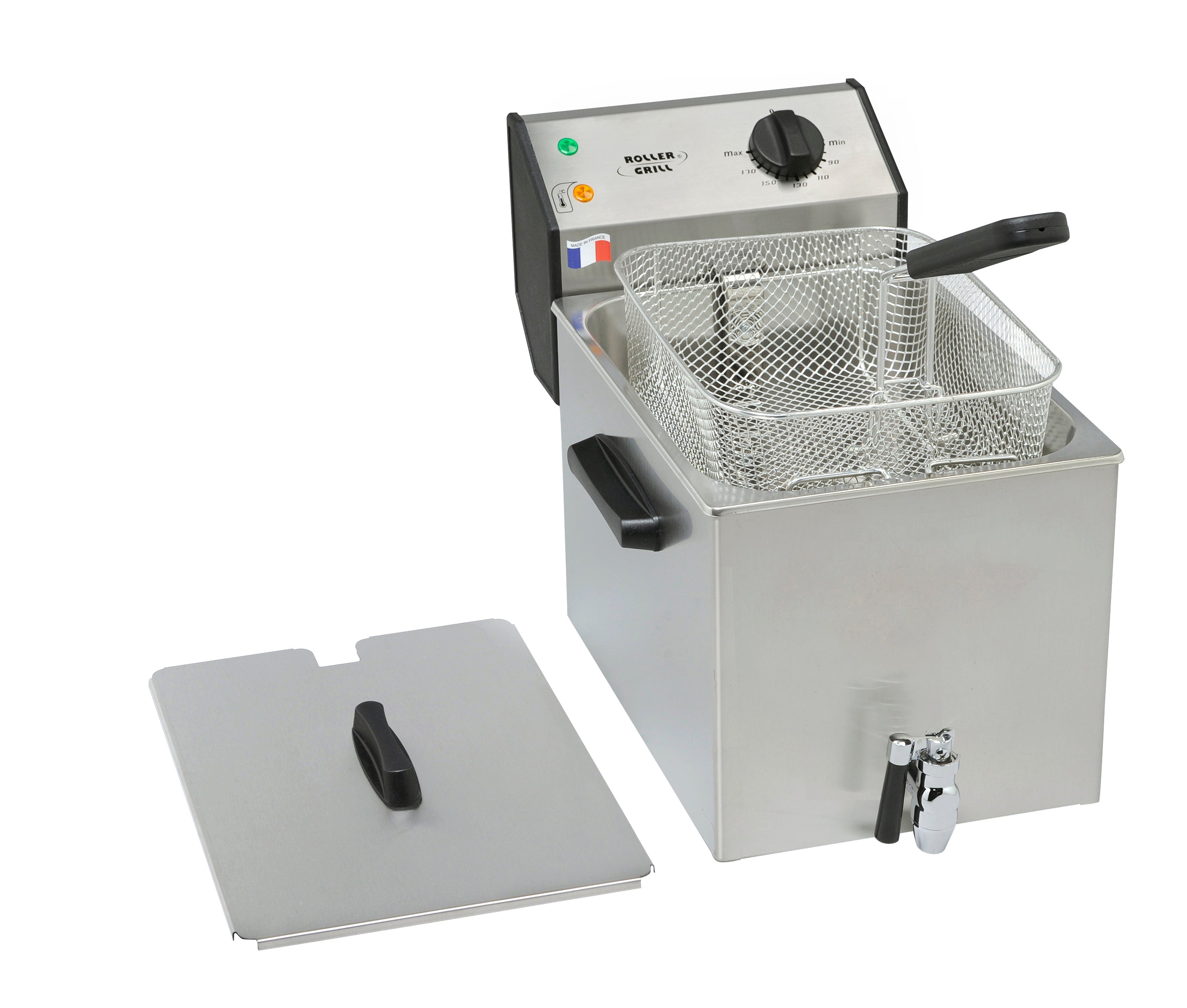 ROLLER GRILL Elektro-Fritteuse (Einzelbecken, inkl. Ablasshahn), Edelstahl, 3,6kW, 230V, Inhalt: 8L, 265x450x360mm