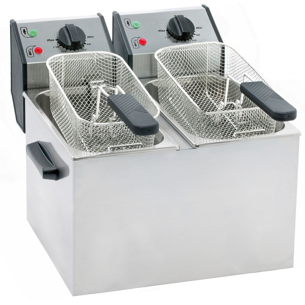 ROLLER GRILL Elektro-Fritteuse (Doppelbecken), Edelstahl, 3,2kW, 230V, Inhalt: 10L, 390x425x320mm