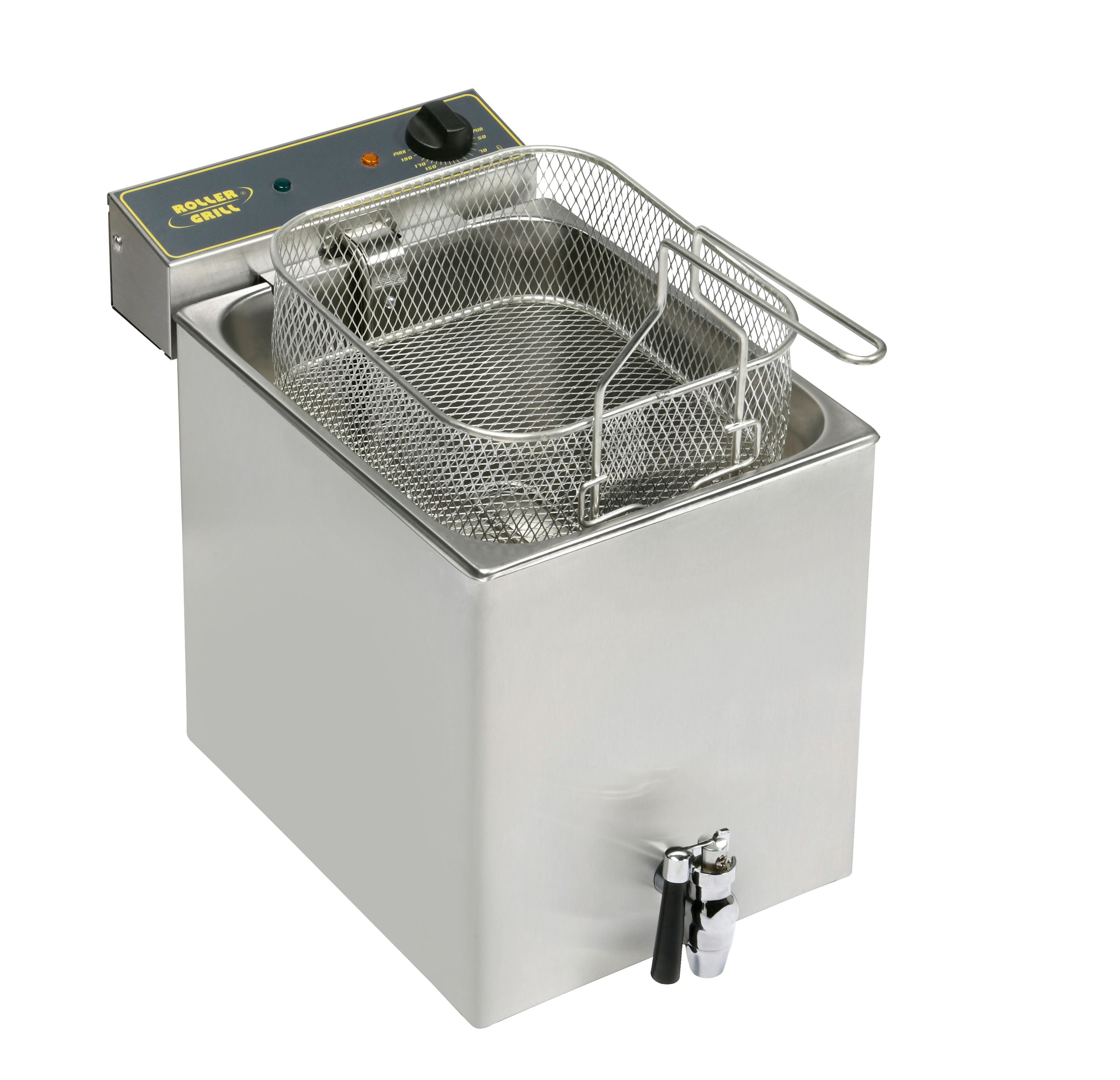 ROLLER GRILL Elektro-Fritteuse (Einzelbecken, inkl. Ablasshahn), Edelstahl, 6,4kW, 400V, Inhalt: 12Liter, 350x470x350mm