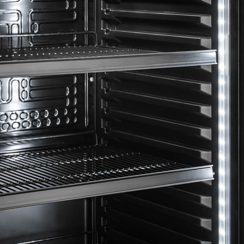 230L Getränkekühlschrank (Flaschenkühlschrank) mit Glastür. Abschließbar. Komplett schwarz. Freistehender Getränkekühlschrank.