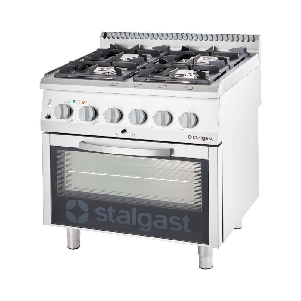 Stalgast Gasherd mit 4-Brennern (3,5x2x5+7kW,) und Elektro-Umluft-Backofen (GN1/1), Edelstahl, Serie: 700 ND, 800x700x850mm