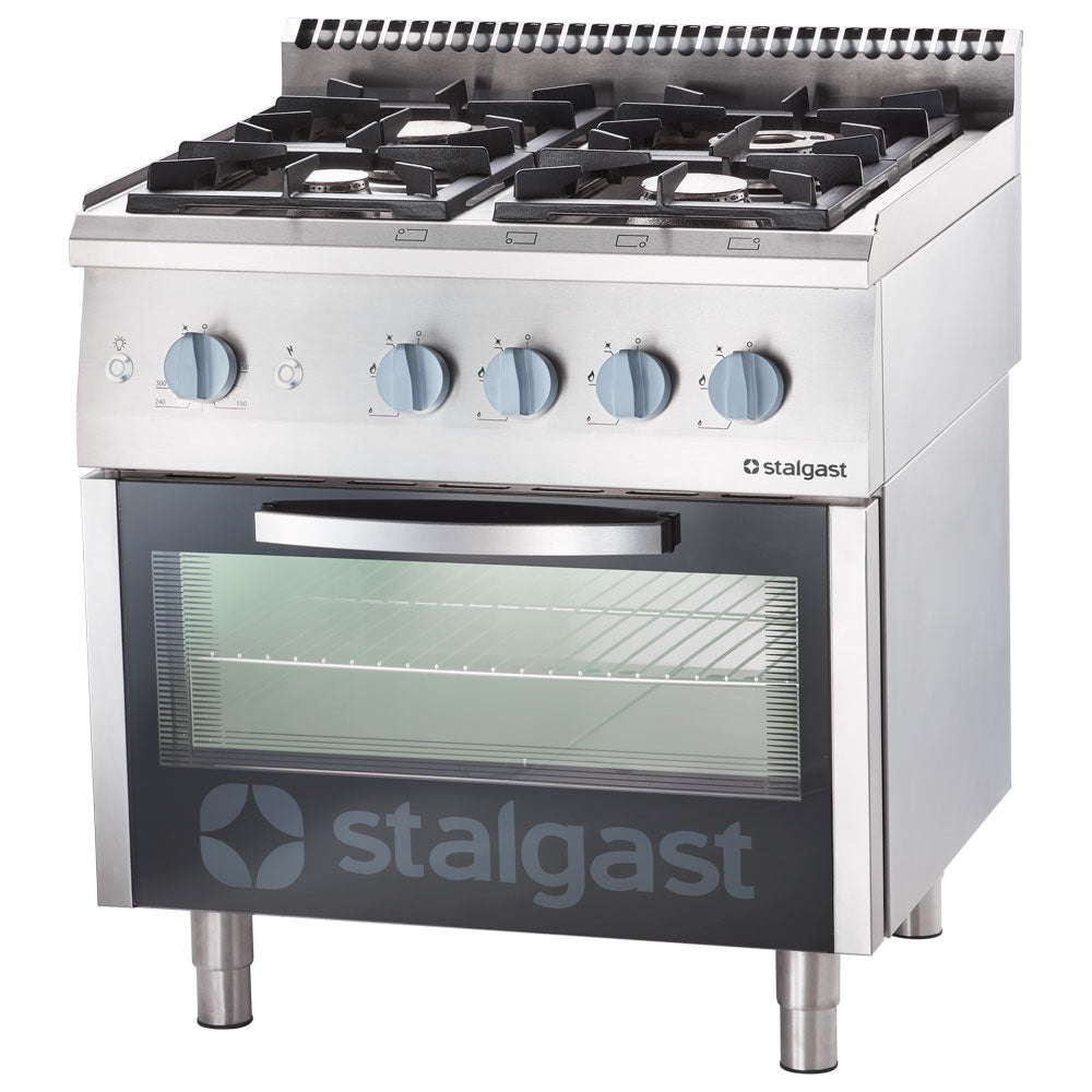 Stalgast Gasherd mit 4 Brennern (3,5+2x5+7kW) und Gas-Backofen (GN2/1), Edelstahl, Serie: 700 ND, 800x700x850mm