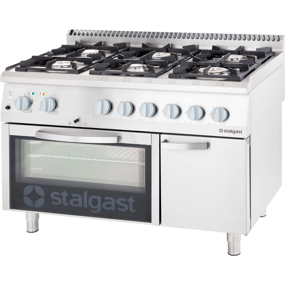 Stalgast Gasherd mit 6-Brennern (3,5+2x5+2x7+9), Elektro-Umluft-Backofen (GN1/1) und Unterschrank, Edelstahl, Serie: 700ND, 1200x850x700mm