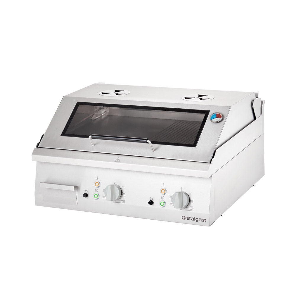 Stalgast Elektro-Griddleplatte als Tischgerät mit Deckel, 800x700 mm, ½ glatte/½ gerillte Grillfläche, Serie 700 ND