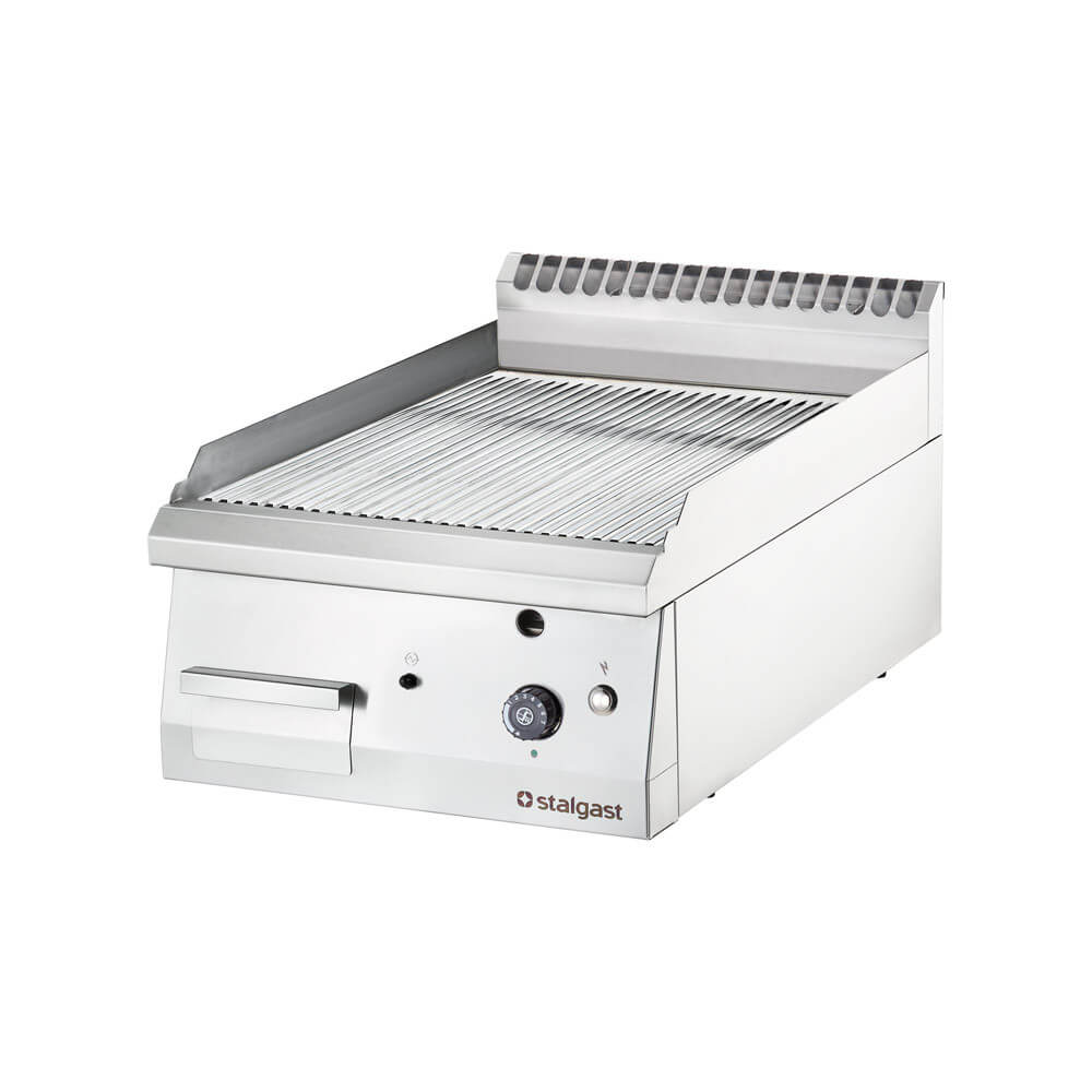 Stalgast Verchromte Gas-Griddleplatte (Gerillte Grillfläche, als Tischgerät), Edelstahl, Serie: 700 ND, 6,5kW, 230V, 400x700x250mm