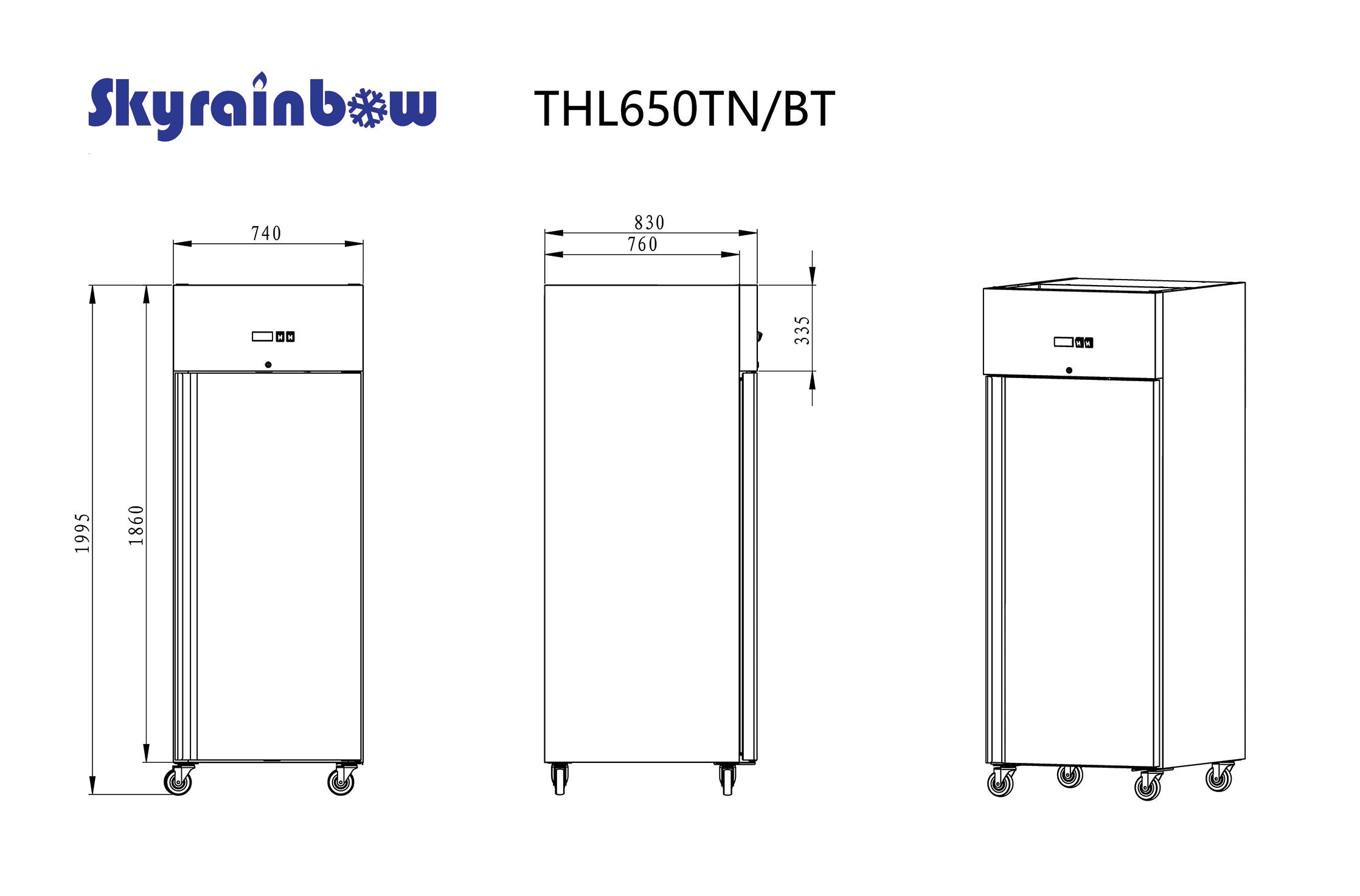 Skyrainbow Kühlschrank (GN2/1), Edelstahl, Silber, 0,46kW, 230V, 610L, 740x830x2100mm