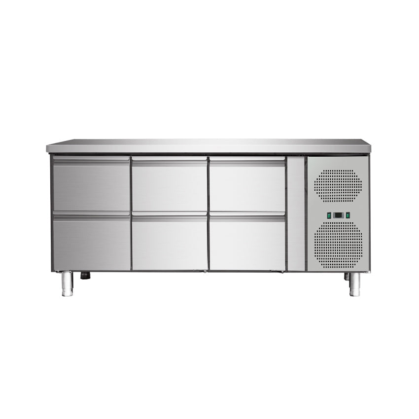Skyrainbow Kühltisch (6 Schubladen, mit Aufkantung, Umluft), Edelstahl, Silber, 0,3kW, 230V, 1800x700x960mm