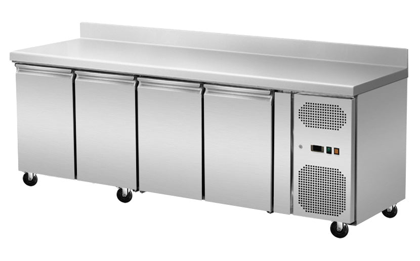 Skyrainbow Kühltisch (4 Türen mit Aufkantung, Umluft), Edelstahl, Silber, 0,43kW, 230V, 2230x700x960mm