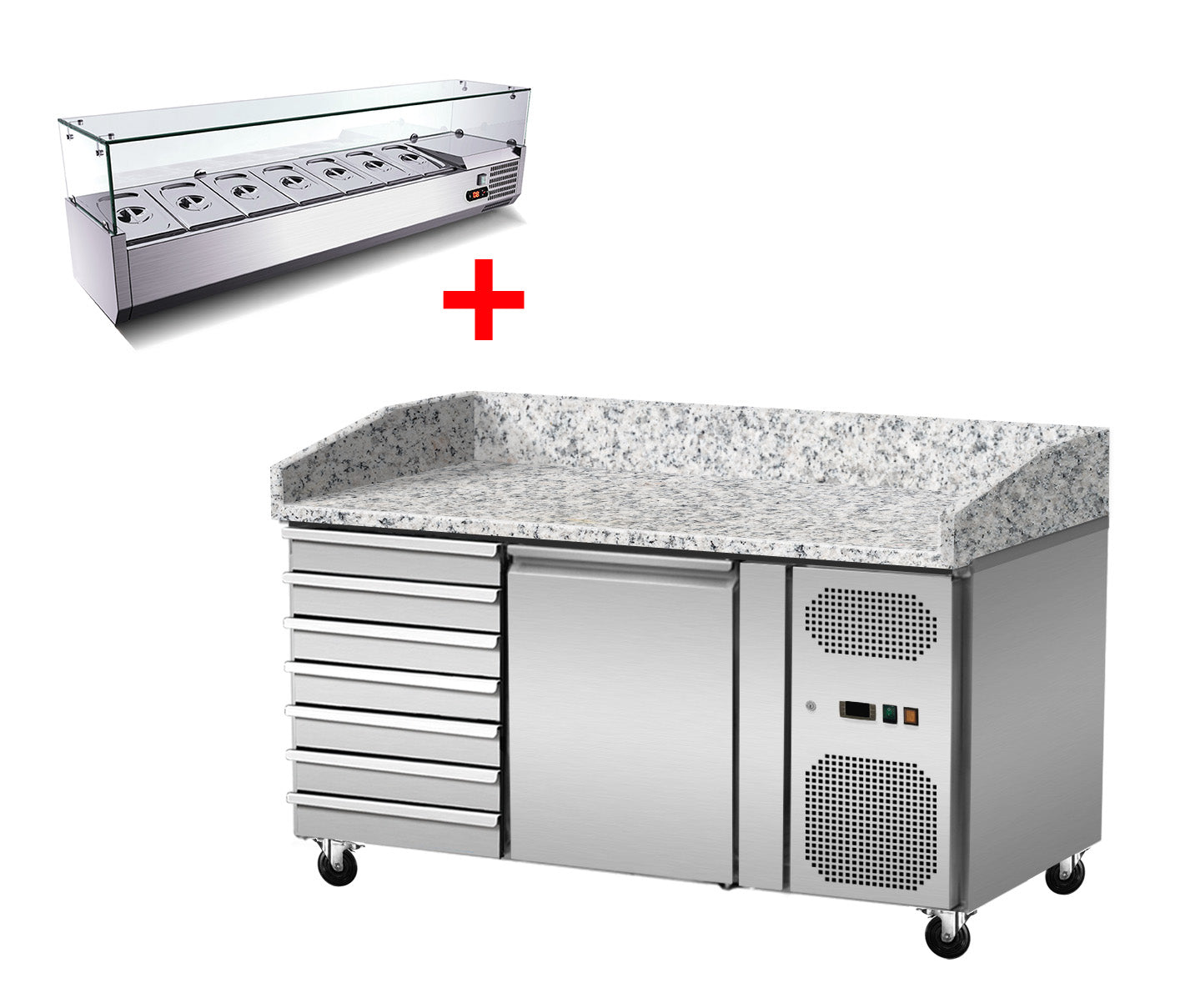 Skyrainbow Pizza Kühltisch (1 Tür, 7 Schubladen (ungekühlt), Granit rosa-grau) + Kühlaufsatz (GN1/4 mit Glas), 0,29kW, 230V, 1510x800x860mm