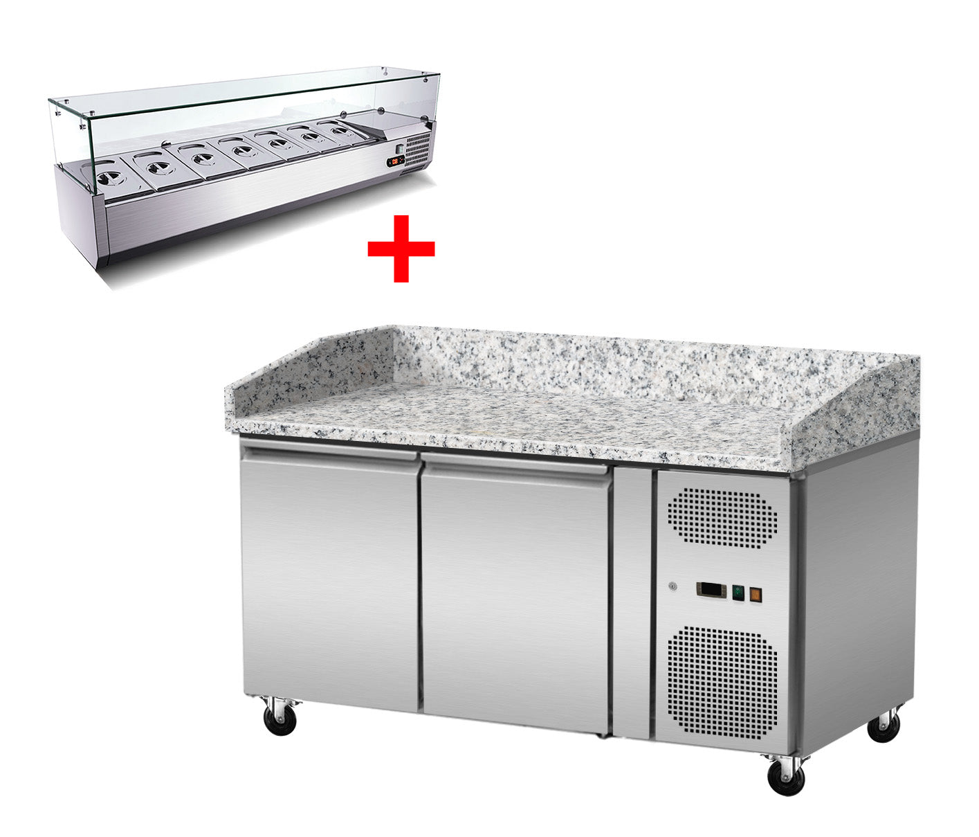 Skyrainbow Pizza Kühltisch, Granit rosa-grau, 2 Türen, 151 x 80 Kühlaufsatz GN1/4 mit Glas