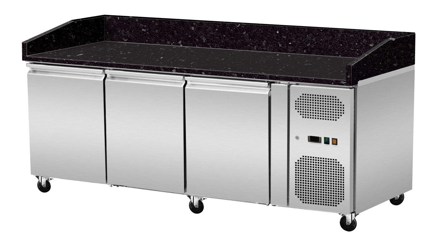 Skyrainbow Pizza Kühltisch (3 Türen), Edelstahl und Granit, Silber und Schwarz, 0,43kW, 230V, 2030x800x860mm
