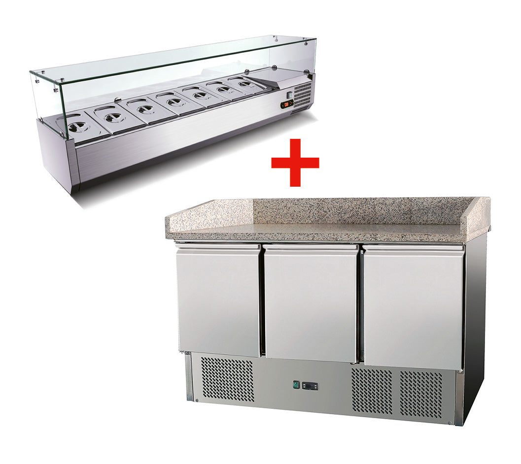 Skyrainbow Pizzatisch (3 Türen, Unterbaukühlung,) & Kühlaufsatz (GN1/4 mit Glas), 0,4kW, 230V, 1400x700x1080