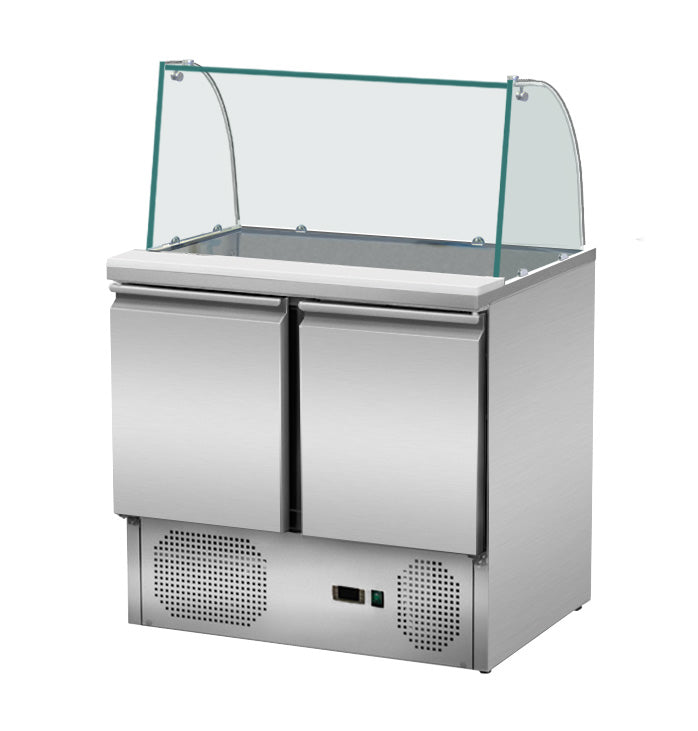 Skyrainbow Saladette (2 Türen, gebogener Glasaufbau), Edelstahl und Glas, Silber und Transparent, 0,21kW, 230V, 900x700x1310mm