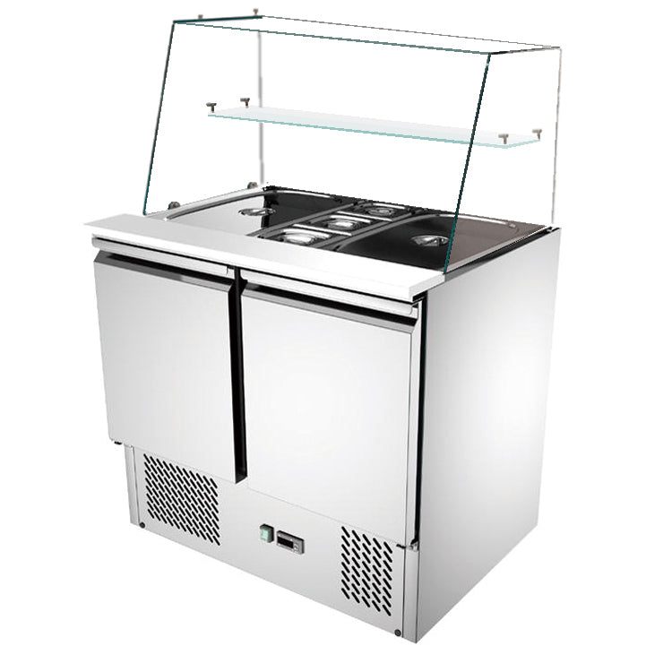 Skyrainbow Saladette (2 Türen, gerader Glasaufbau), Edelstahl und Glas, Silber und Transparent, 0,21kW, 230V, 900x700x1310mm