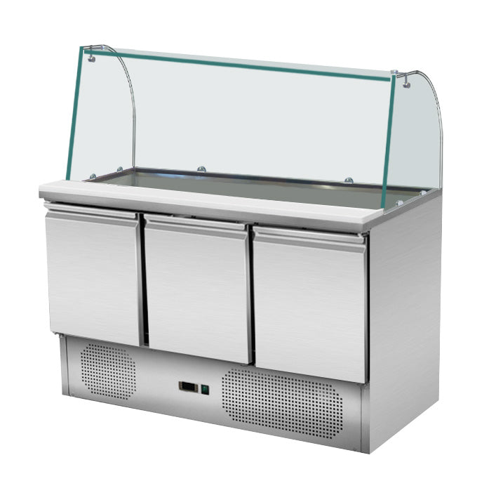 Skyrainbow Saladette (3 Türen, gebogener Glasaufbau), Edelstahl und Glas, Silber und Transparent, 0,4kW, 230V, 1370x700x1330mm