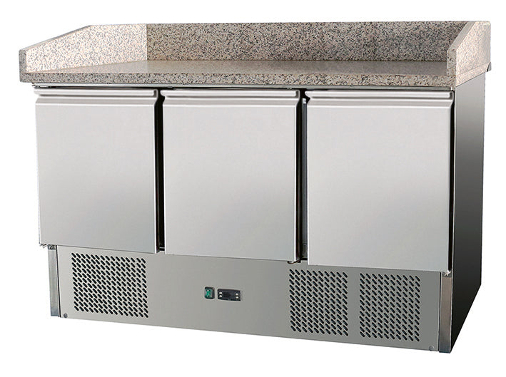 Skyrainbow Pizzatisch (3 Türen, Unterbaukühlung), Edelstahl und Granit, Silber und Rosa-Grau, 0,4kW, 230V, 1400 x 700x1080mm