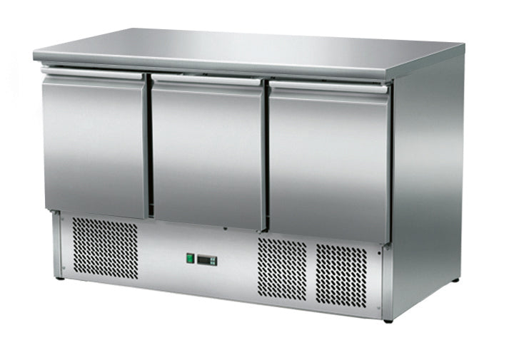 Skyrainbow Kühltisch (3 Türen, Unterbaukühlung), Edelstahl, Silber, 0,4kW, 230V, 1370x700x870mm