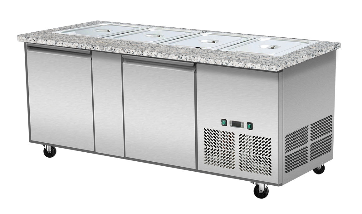 Skyrainbow Kalte Theke (4xGN1/1), Edelstahl und Granit, Serie: SNACK-Line, Silber und Rosa-Grau,0,25kW, 230V, 1530x820x855mm