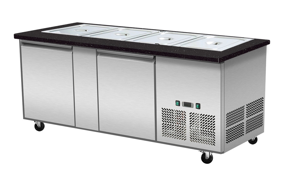 Skyrainbow Kalte Theke (4xGN1/1), Edelstahl und Granit, Serie: SNACK-Line, Silber und Schwarz,0,25kW, 230V, 1530x820x855mm