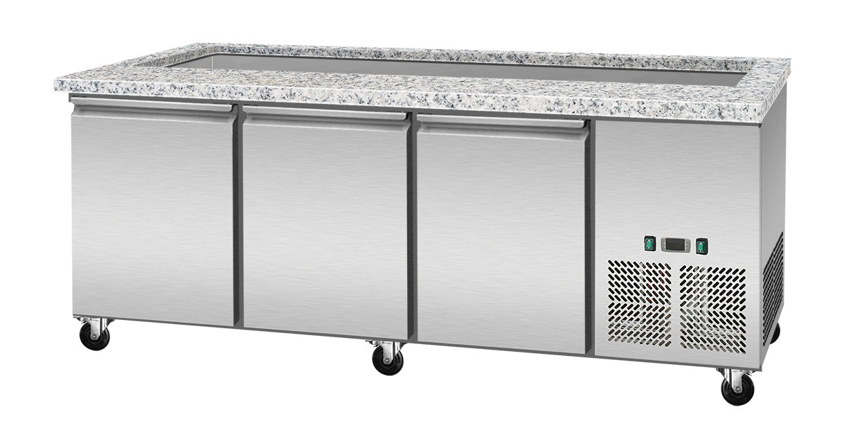 Skyrainbow Kalte Theke (5xGN1/1), Edelstahl und Granit, Serie: SNACK-Line, Silber und Rosa-Grau, 0,27kW, 230V, 1880x820x855mm