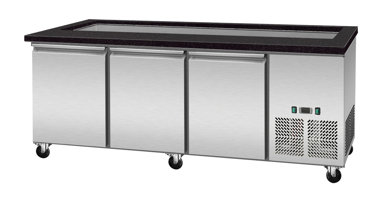 Skyrainbow Kalte Theke (5xGN1/1), Edelstahl und Granit, Serie: SNACK-Line, Silber und Schwarz, 0,27kW, 230V, 1880x820x855mm