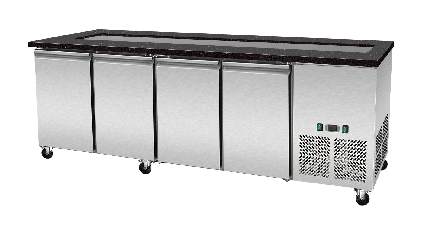 Skyrainbow Kalte Theke (6xGN1/1), Edelstahl und Granit, Serie: SNACK-Line, Silber und Schwarz,0,27kW, 230V, 2230x820x855mm