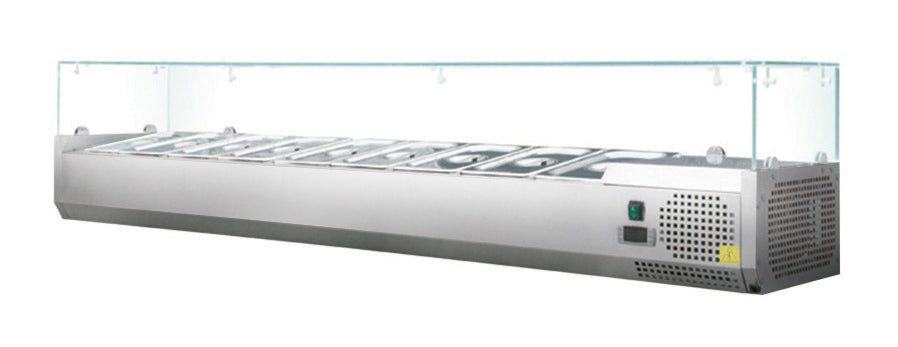 Skyrainbow Kühlaufsatzvitrine (GN1/4, mit Glasaufsatz), Edelstahl und Glas, Silber und Transparent, 0,1kW, 230V, 1400x340x440mm