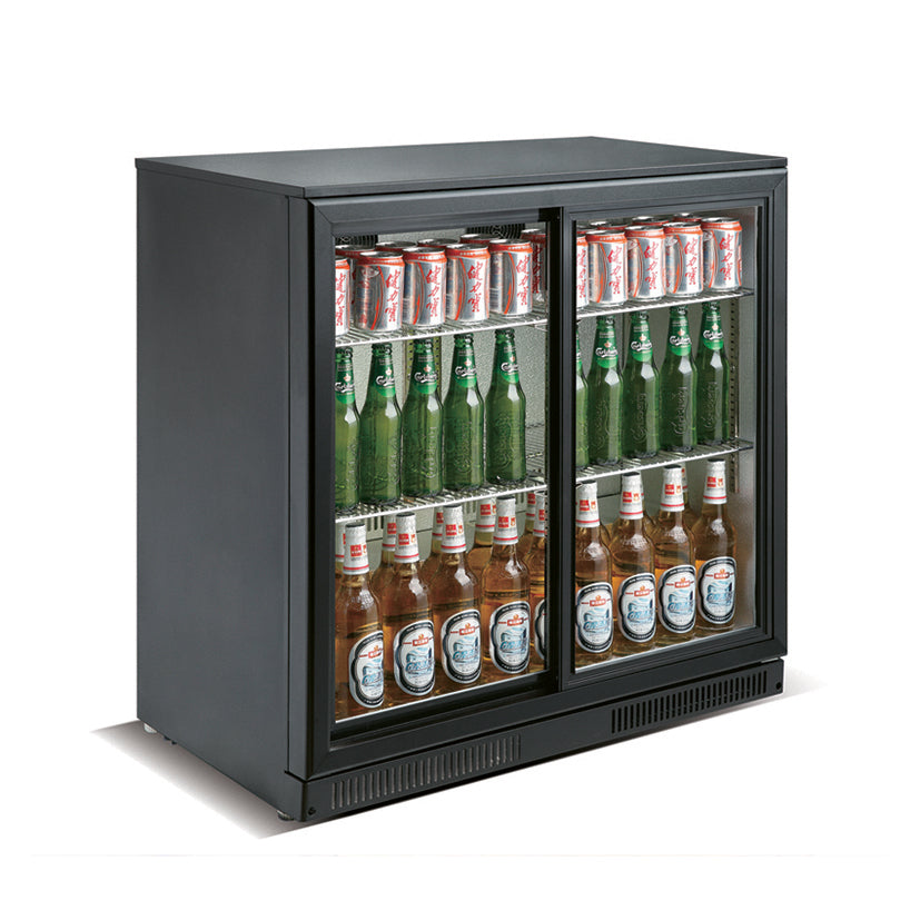 Skyrainbow Flaschenkühlschrank (2 Schiebetüren), Edelstahl und Aluminium, Schwarz und Silber, 0,32kW, 230V, 228L, 902x565x900mm