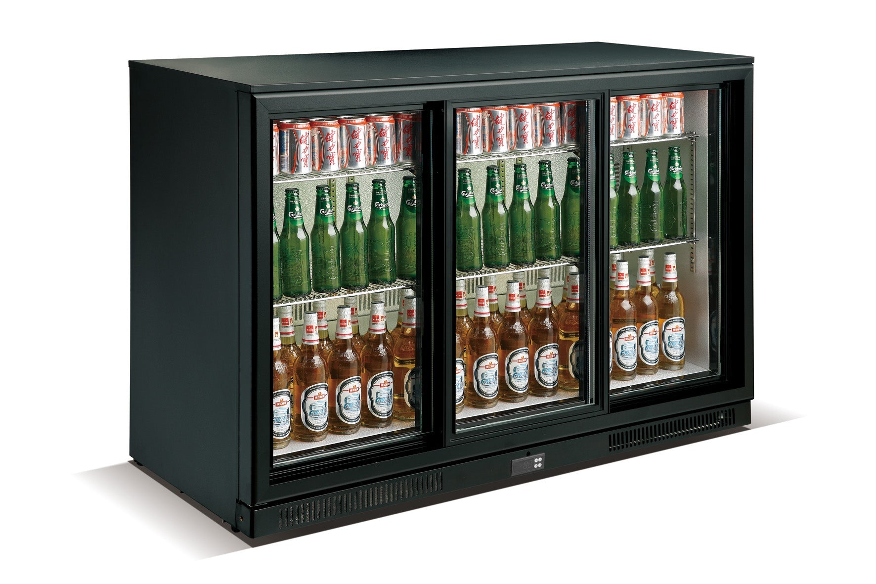 Skyrainbow Flaschenkühlschrank (3 Schiebetüren), Edelstahl und Aluminium, Schwarz und Silber, 1,05kW, 230V, 303L, 1352x565x900mm