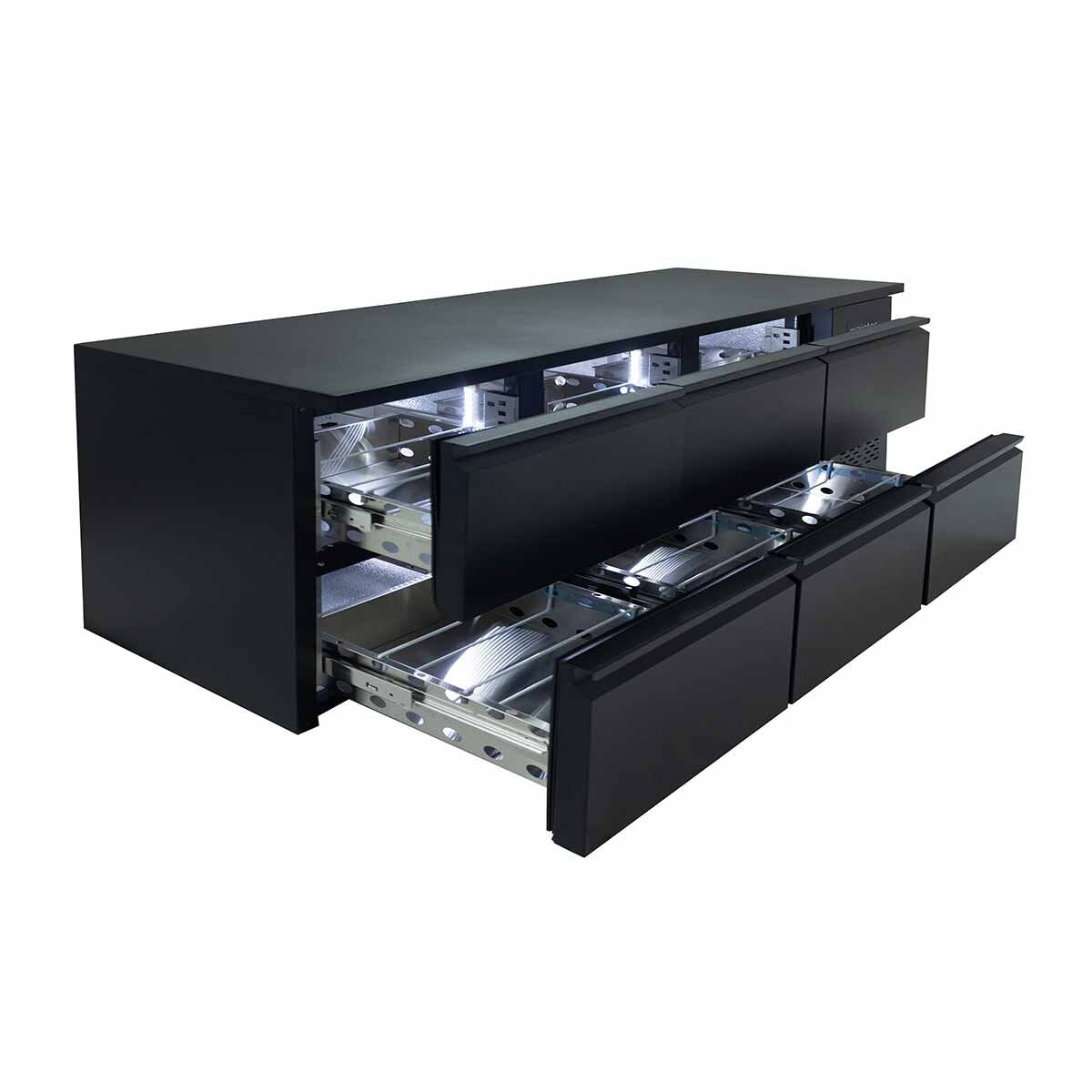 Vaiotec Barkühltisch "EASYLINE" (6 Schubladen), Edelstahl, Schwarz, 0,93kW, 230V, 425L, 2005x520x840mm