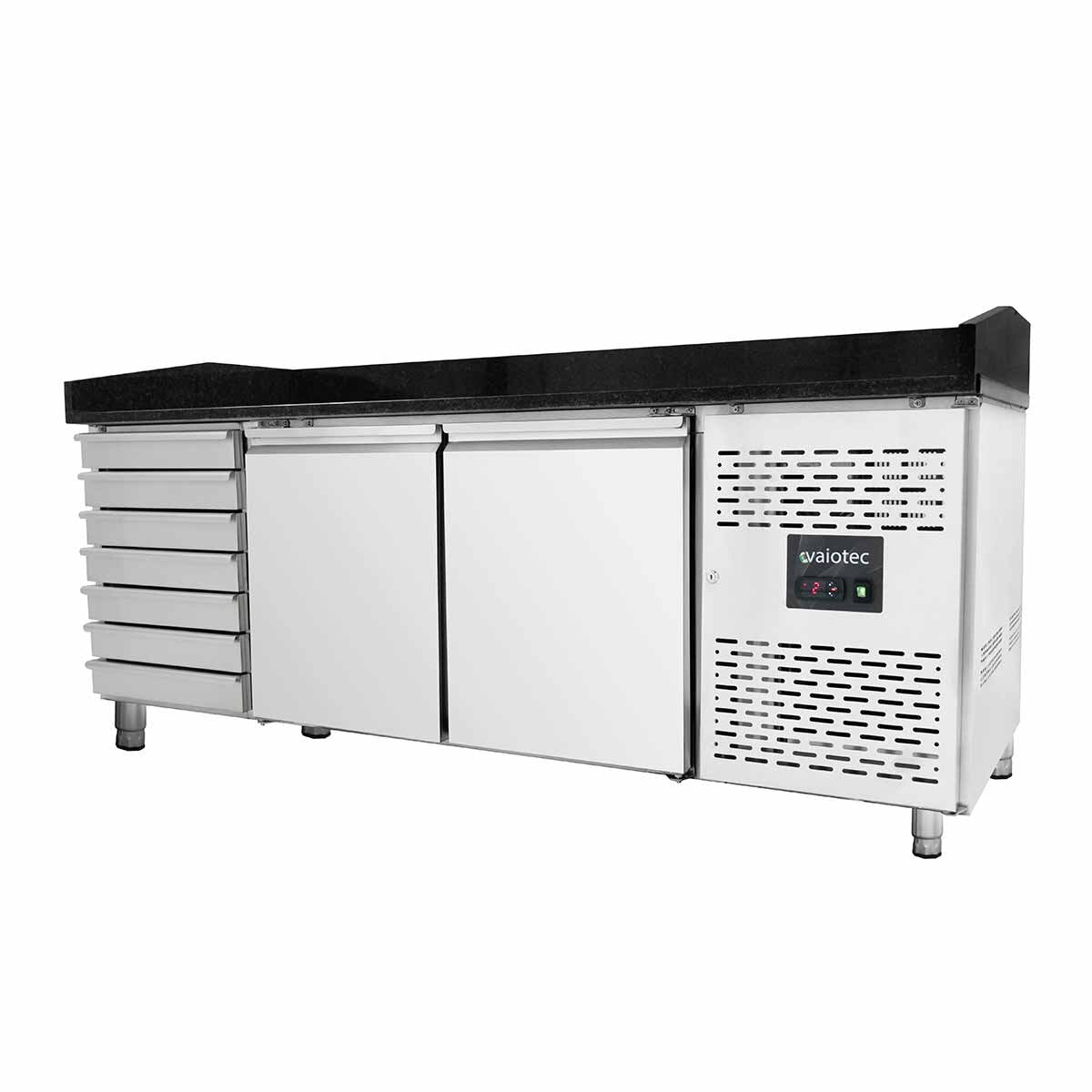 Vaiotec Pizzakühltisch "EASYLINE 800" (2-türig & 7 Schubladen), Edelstahl und Granit, Silber und Schwarz, 0,275kW, 230V, 2020x800x1000mm