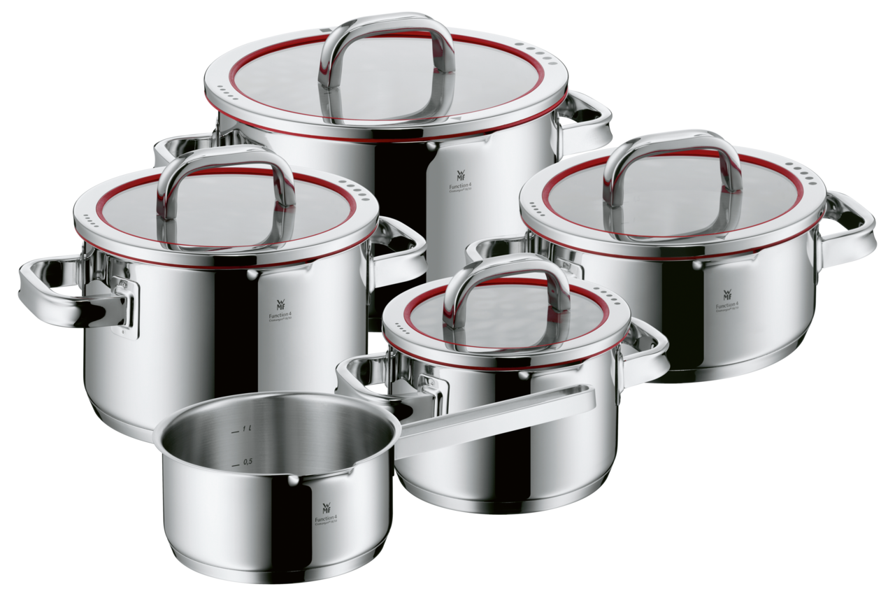 WMF Topf-Set (5-teilig), Edelstahl 18/10, Silber, Serie: FUNCTION 4 (Beinhaltet: Bratentopf mit Deckel 20cm + Kochtopf mit Deckel 16cm + 20cm + 24cm, Stielkasserole mit Deckel 16cm)
