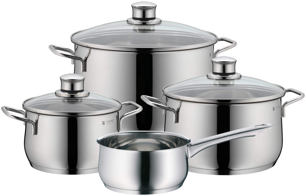 WMF Topf-Set (4-teilig), Edelstahl 18/10, Silber, Serie: DIADEM PLUS (Beinhaltet: Kochtopf mit Deckel 16cm + 20cm + 24cm, Stielkasserole ohne Deckel 16cm)