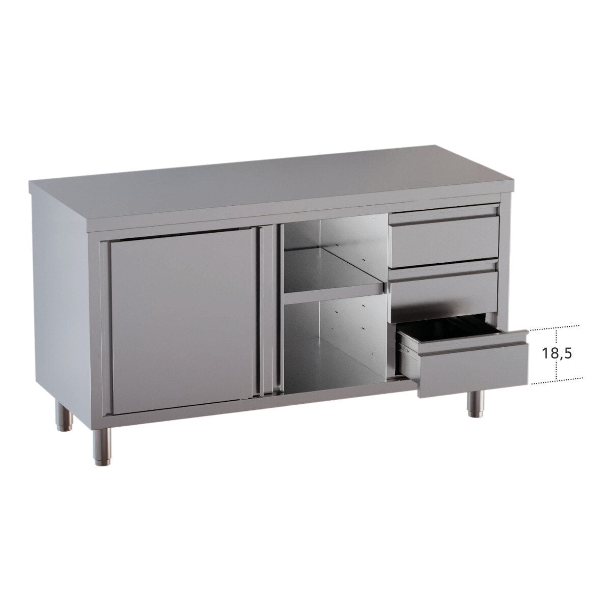 Vaiotec Arbeitsschrank "TOPLINE 600" (mit 1 Flügeltür & 3 Schubladen), Edelstahl, Silber, 1200x600x850mm