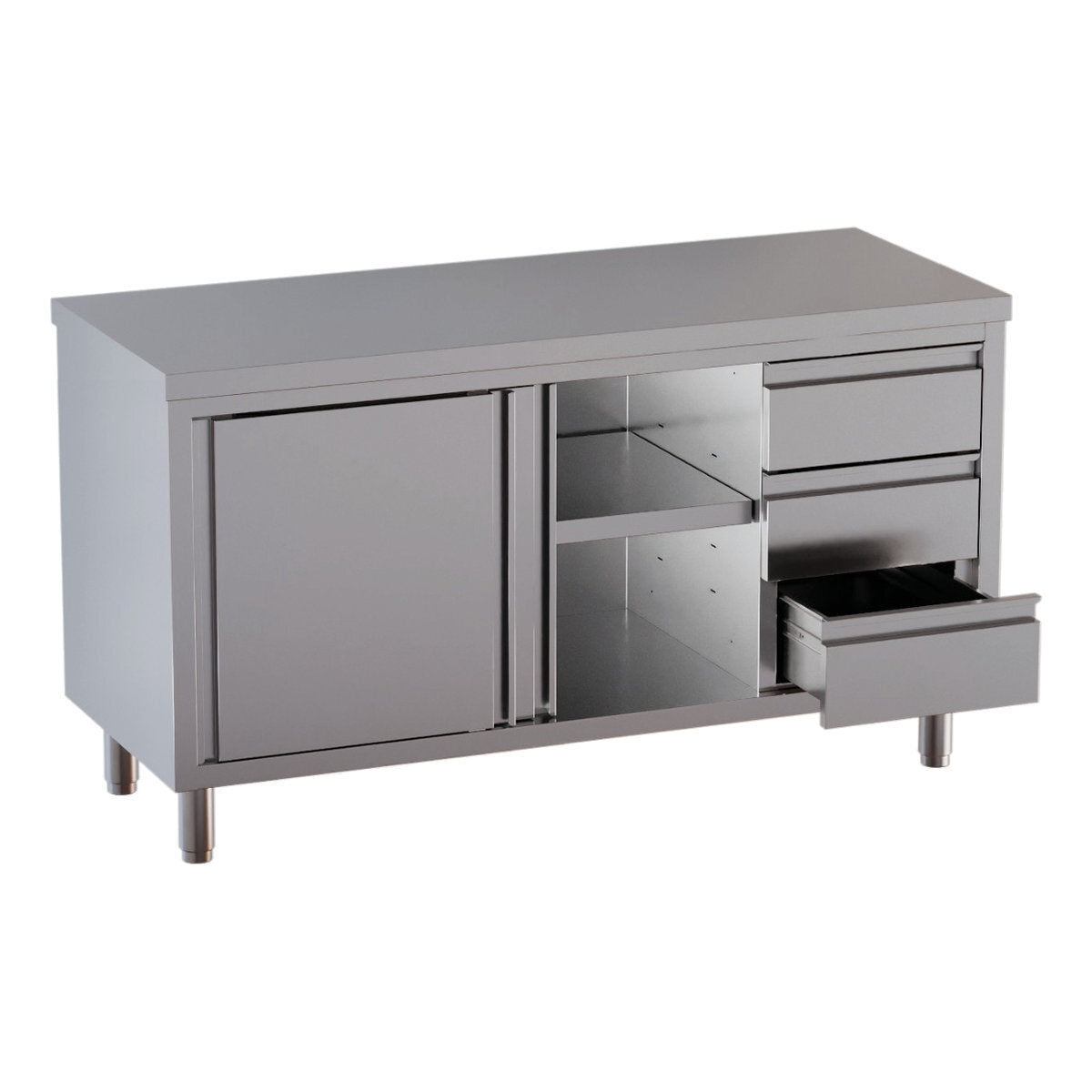 Vaiotec Arbeitsschrank "TOPLINE 600" (mit 1 Flügeltür & 3 Schubladen), Edelstahl, Silber, 1200x600x850mm