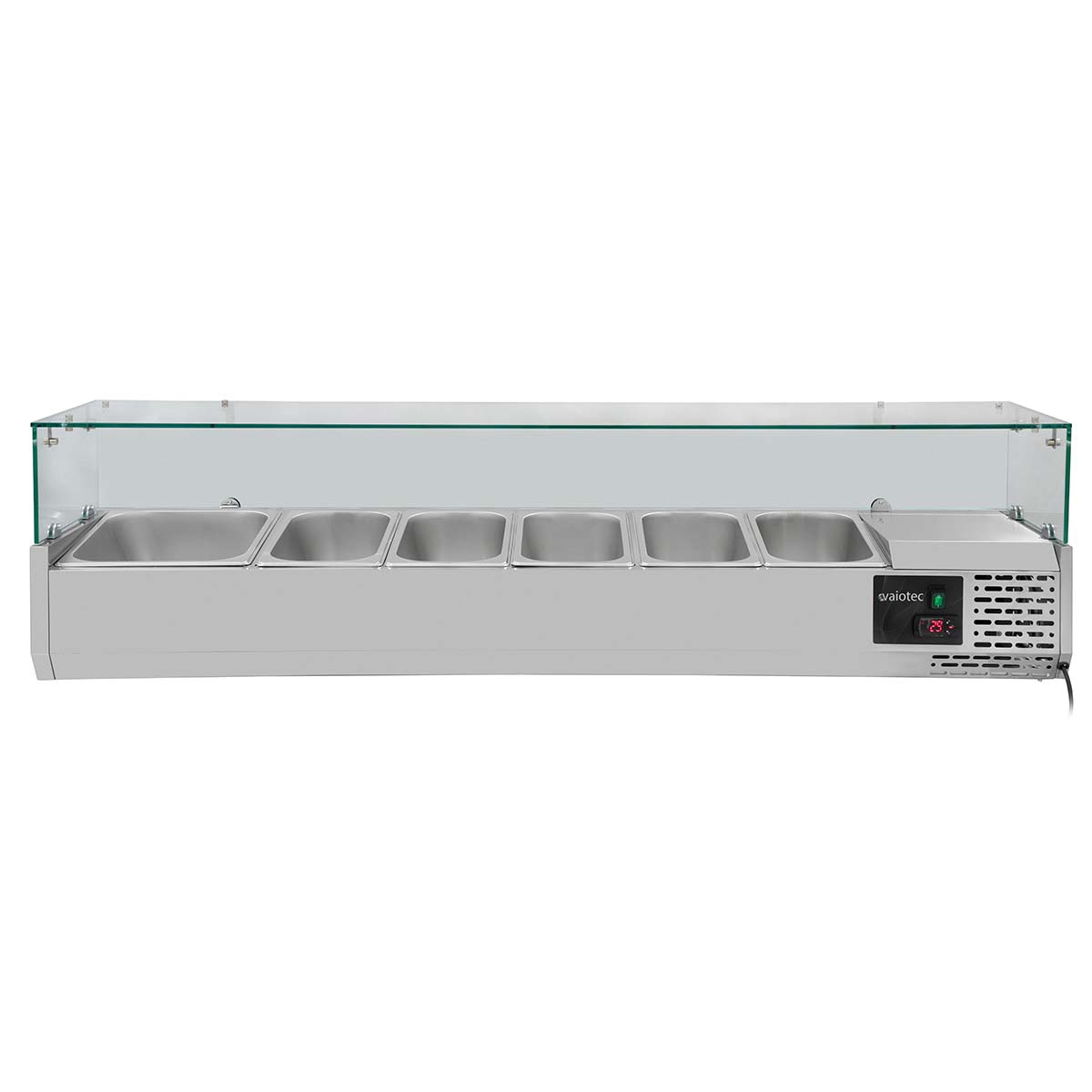 Vaiotec EASYLINE Kühlaufsatz "380" (inkl. Glasabdeckung, 5xGN1/3 & 1xGN1/2), Edelstahl und Glas, 0,145kW, 230V, 1500x395x435mm