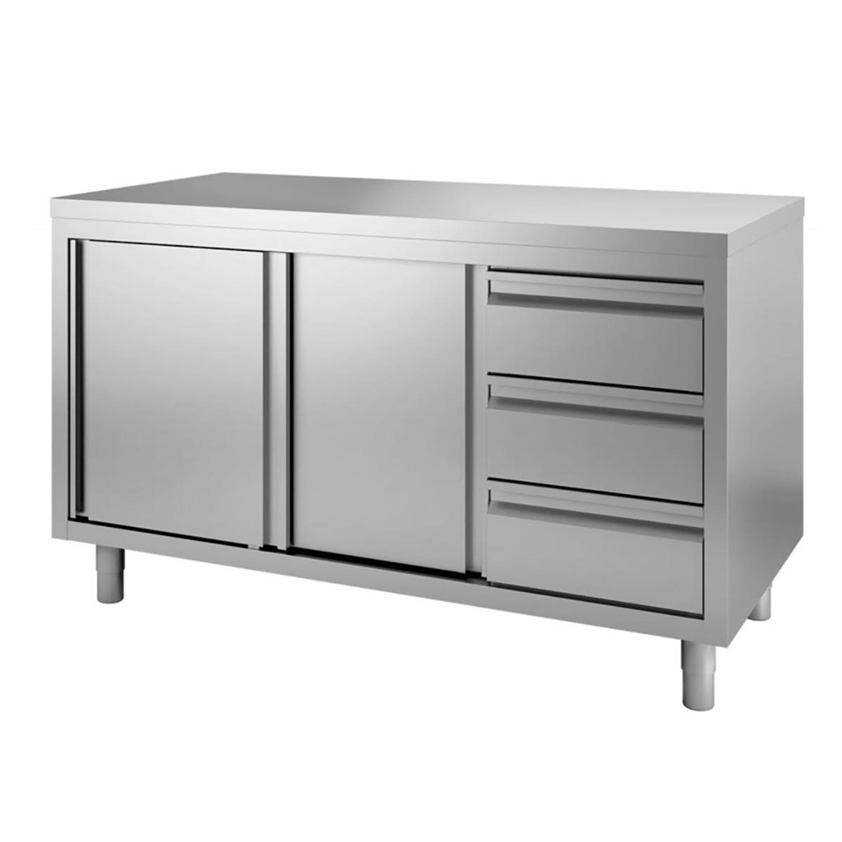 Vaiotec TOPLINE Arbeitsschrank "600" (Flügeltüren & 3 Schubladen), Edelstahl, Silber, 1300x600x900mm