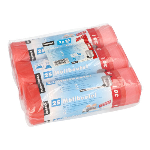 Papstar 5x 75 Müllbeutel mit Zugband, HDPE 30 l 70 cm x 55 cm rot
