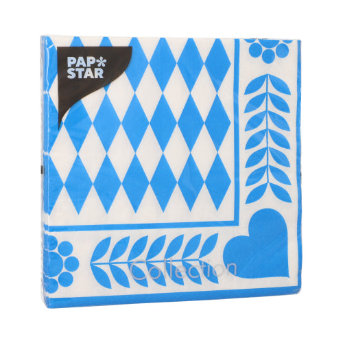 Papstar 300x Servietten "Bayrisch Blau" (3-lagig 1/4-Falz), Papier, Blau und Weiß, 33x33cm