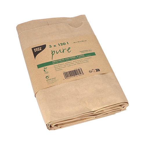 Papstar 10x 3 Abfallsäcke aus Papier "pure" 120 l 95 cm x 70 cm x 25 cm braun , 2-lagig