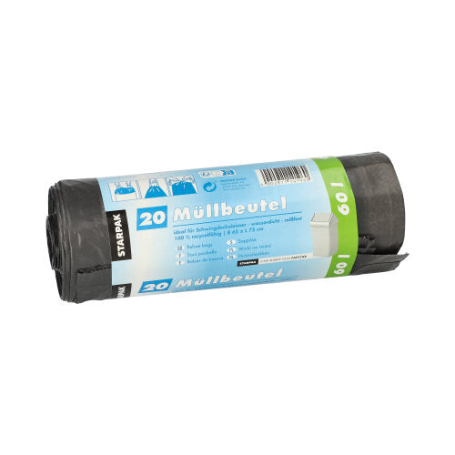 Papstar 12x 20 Müllsäcke mit Zugband, LDPE 60 l 75 cm x 65 cm grau