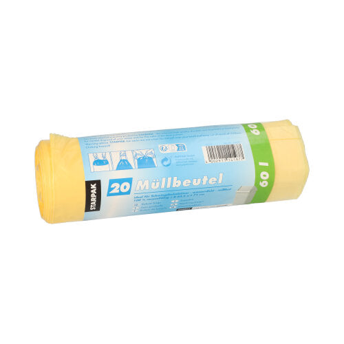 Papstar 9x 20 Müllsäcke mit Zugband, HDPE 60 l 71 cm x 64,5 cm gelb