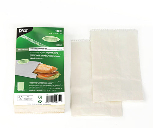 Papstar 30x 100 Butterbrotbeutel 21 cm x 10 cm x 3 cm weiss , fettdicht