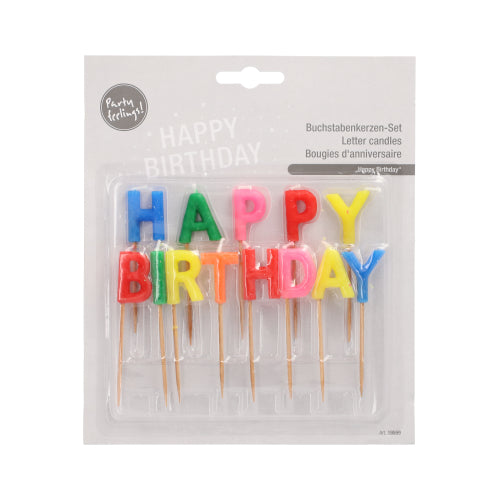 Papstar 16x Buchstabenkerzen "Happy Birthday", Wachs und Holz, Bunt und Natur, Länge: 8cm
