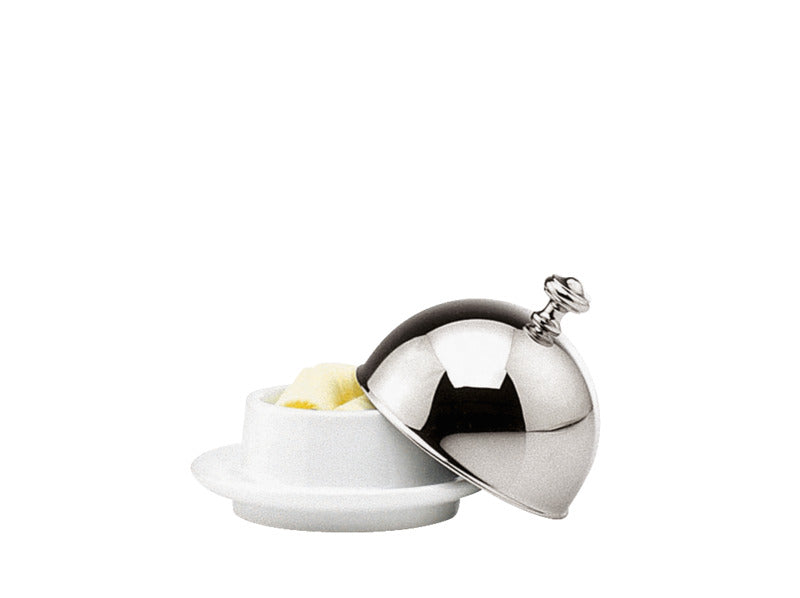 Hepp Butterdose mit Porzellan-Untertasse, Edelstahl und Porzellan, Serie: EXCELLENT, Durchmesser: 90mm, Höhe: 72mm