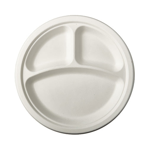Papstar 12x 12 Teller, Zuckerrohr "pure" 3-geteilt Ø 23 cm · 2 cm weiss