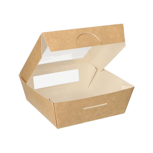 Papstar 4x 25 Feinkostboxen, Pappe mit Sichtfenster aus PLA eckig 750 ml 14 cm x 14 cm x 5 cm braun