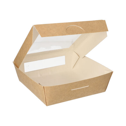 Papstar 4x 25 Feinkostboxen, Pappe mit Sichtfenster aus PLA eckig 1000 ml 16 cm x 16 cm x 5 cm braun