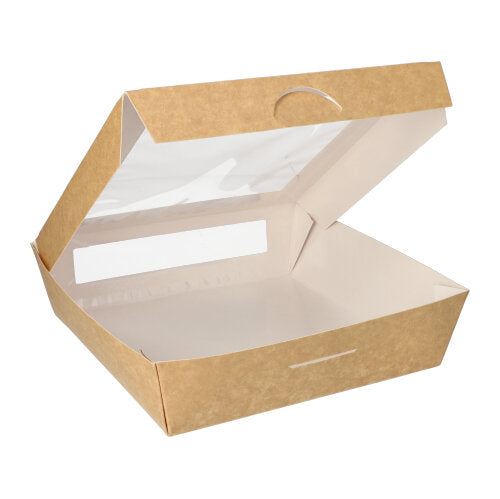 Papstar 4x 25 Feinkostboxen, Pappe mit Sichtfenster aus PLA eckig 1500 ml 19 cm x 19 cm x 5 cm braun